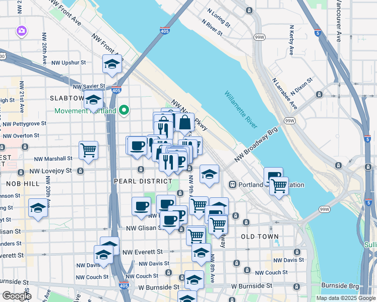 map of restaurants, bars, coffee shops, grocery stores, and more near 1075 Northwest 9th Avenue in Portland