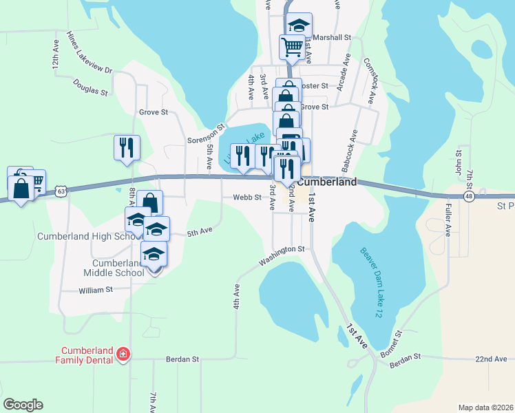 map of restaurants, bars, coffee shops, grocery stores, and more near 1265 Webb Street in Cumberland