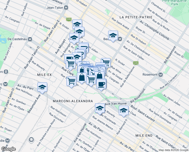 map of restaurants, bars, coffee shops, grocery stores, and more near 6552 Rue Saint-Dominique in Montréal