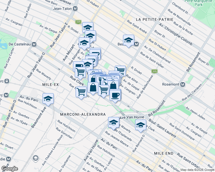 map of restaurants, bars, coffee shops, grocery stores, and more near 6552 Rue Saint-Dominique in Montréal