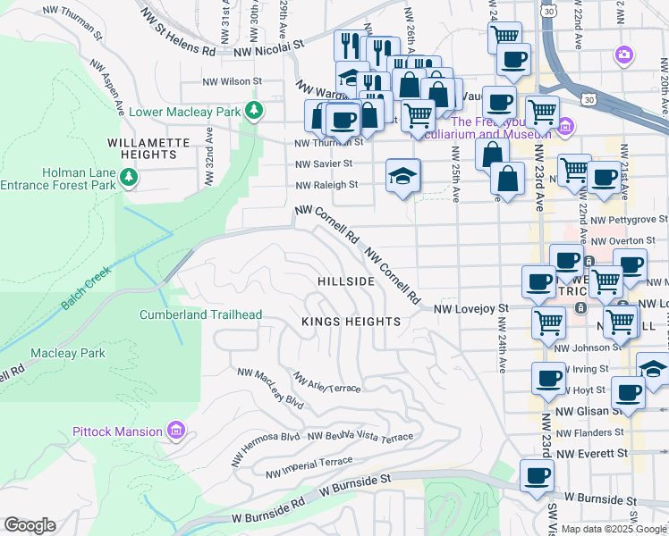 map of restaurants, bars, coffee shops, grocery stores, and more near 2817 Northwest Fairfax Terrace in Portland