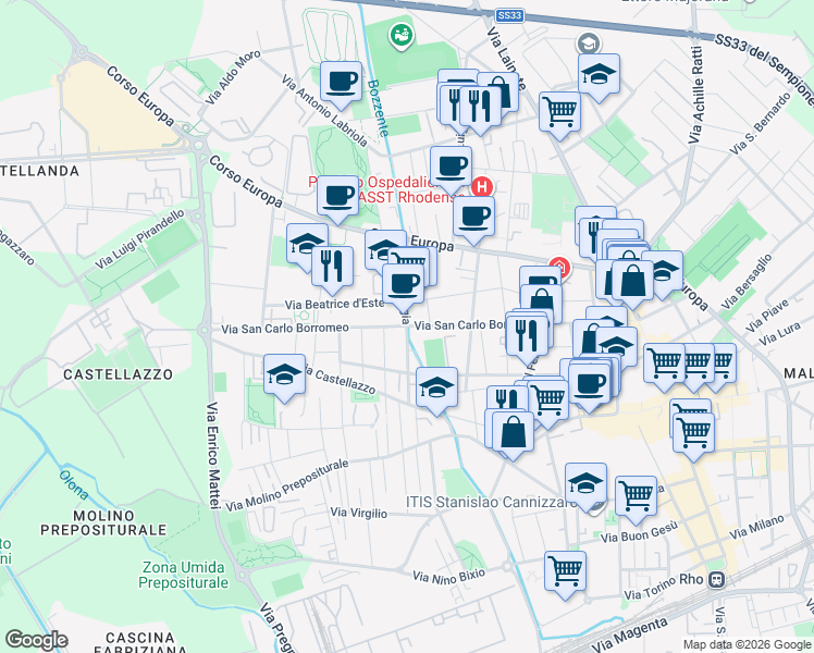 map of restaurants, bars, coffee shops, grocery stores, and more near 21 Via Cornaggia in Rho