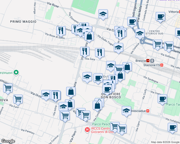 map of restaurants, bars, coffee shops, grocery stores, and more near 26 Via Piemonte in Brescia