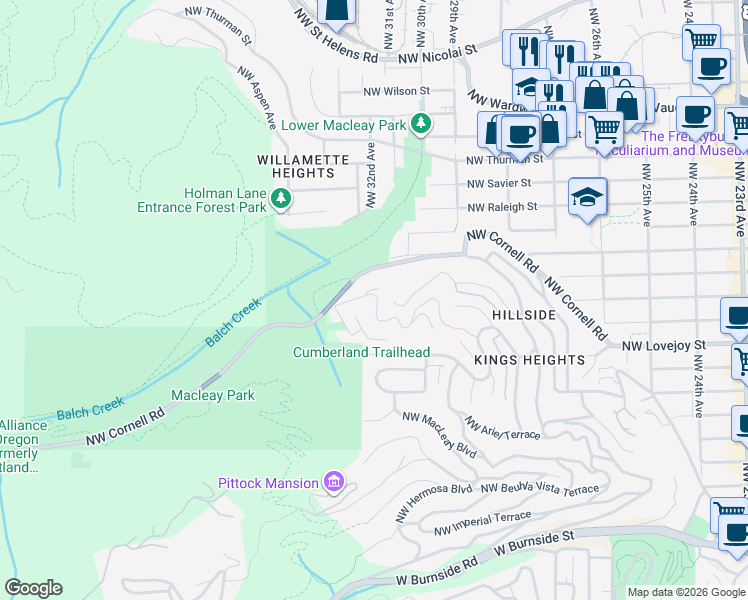 map of restaurants, bars, coffee shops, grocery stores, and more near 3232 Northwest Luray Terrace in Portland