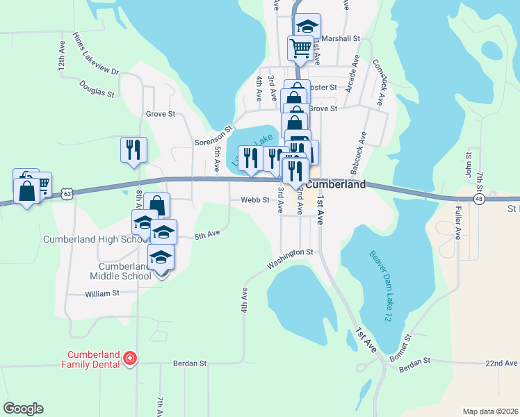 map of restaurants, bars, coffee shops, grocery stores, and more near 1265 Webb Street in Cumberland