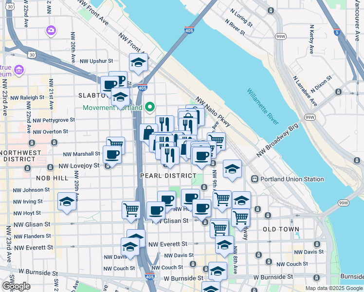 map of restaurants, bars, coffee shops, grocery stores, and more near 1130 Northwest 12th Avenue in Portland
