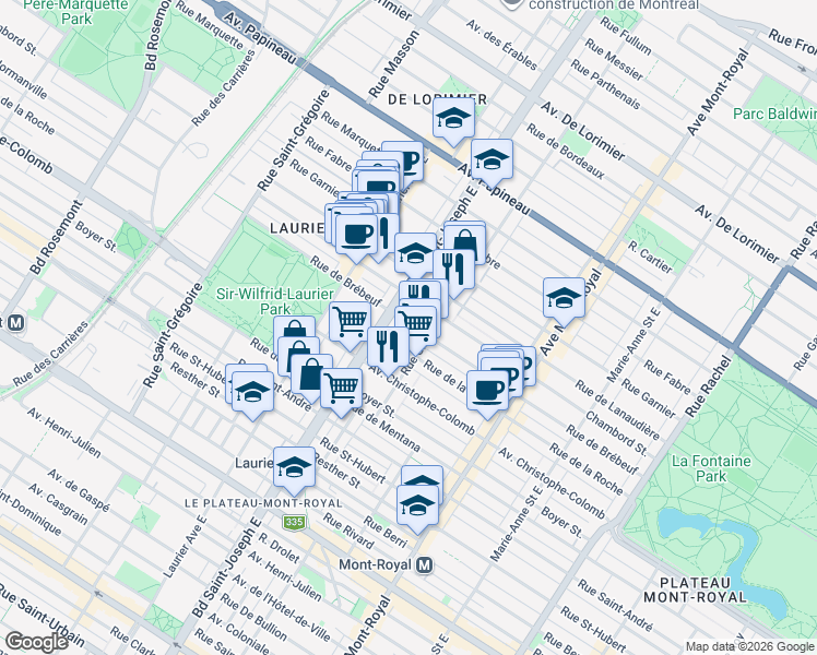 map of restaurants, bars, coffee shops, grocery stores, and more near 4838 Brebeuf Street in Montreal