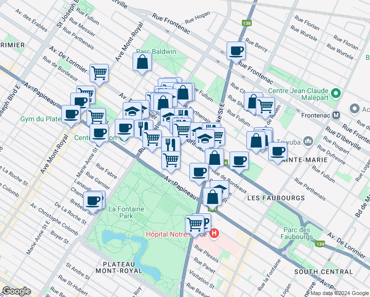 map of restaurants, bars, coffee shops, grocery stores, and more near 3551 Rue de Bordeaux in Montréal