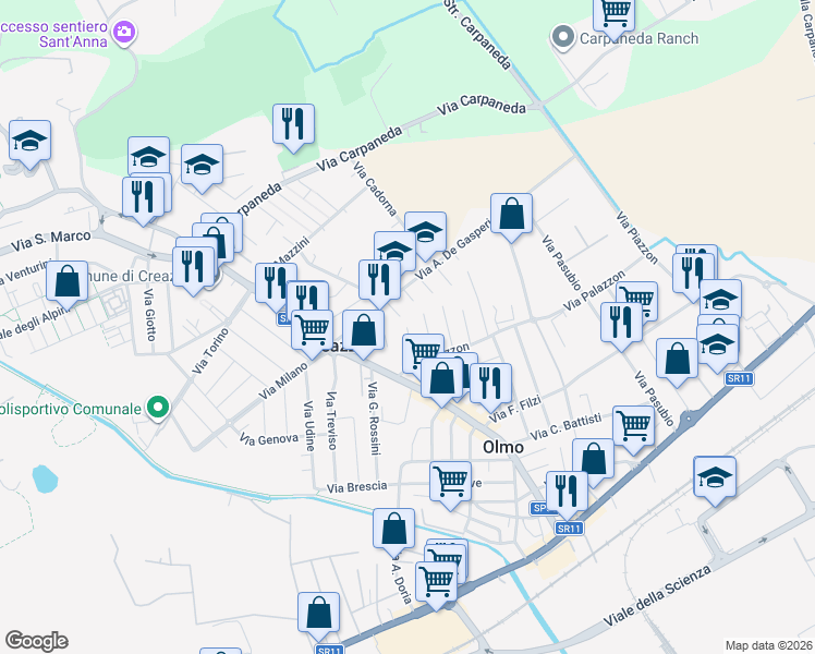 map of restaurants, bars, coffee shops, grocery stores, and more near 10 Via T. Dal Molin in Creazzo