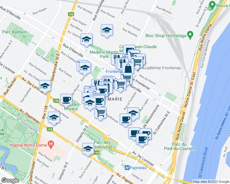 map of restaurants, bars, coffee shops, grocery stores, and more near 1964 Rue Dufresne in Montréal