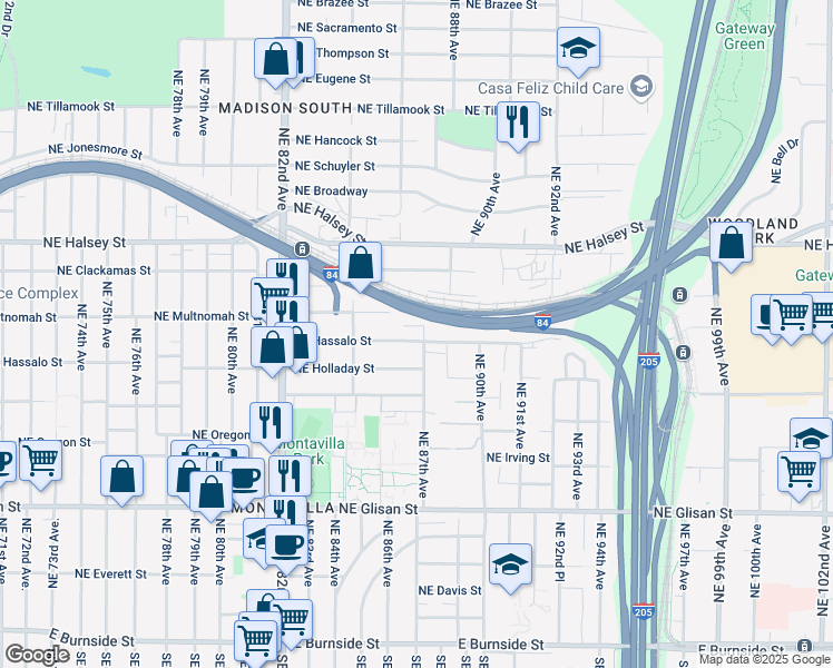 map of restaurants, bars, coffee shops, grocery stores, and more near 8635 Northeast Hassalo Street in Portland
