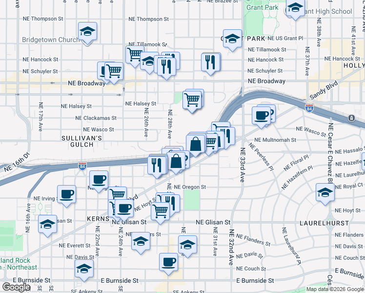 map of restaurants, bars, coffee shops, grocery stores, and more near 1100 Northeast 28th Avenue in Portland