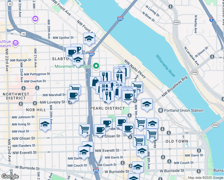 map of restaurants, bars, coffee shops, grocery stores, and more near in Portland