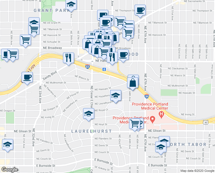 map of restaurants, bars, coffee shops, grocery stores, and more near 4135 Northeast Hassalo Street in Portland