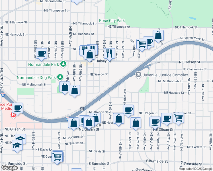 map of restaurants, bars, coffee shops, grocery stores, and more near 1163 Northeast 63rd Avenue in Portland