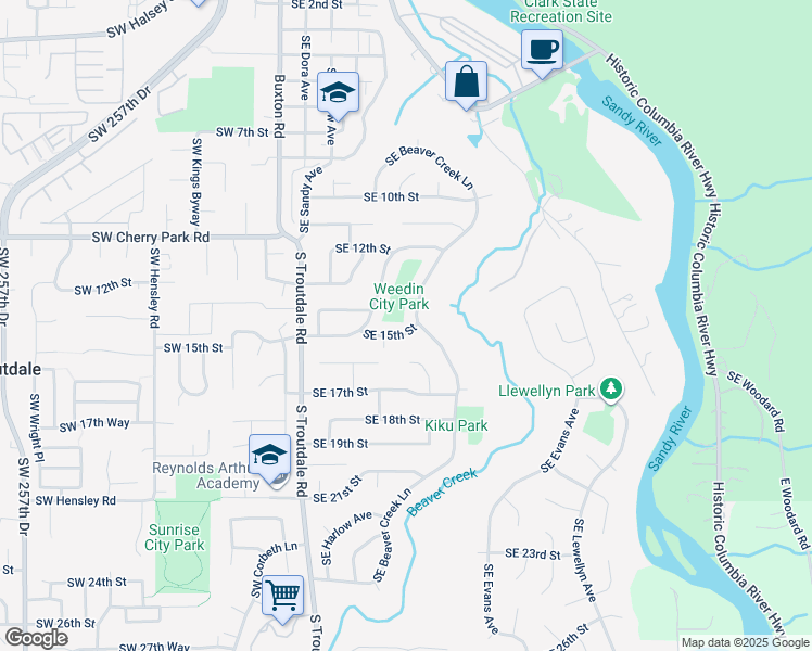 map of restaurants, bars, coffee shops, grocery stores, and more near 613 Southeast 15th Street in Troutdale