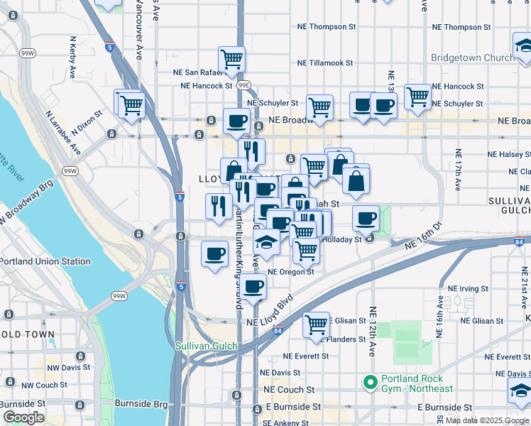 map of restaurants, bars, coffee shops, grocery stores, and more near 500 Northeast Multnomah Street in Portland