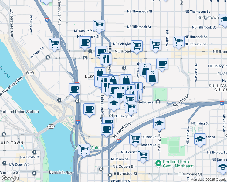 map of restaurants, bars, coffee shops, grocery stores, and more near 500 Northeast Multnomah Street in Portland
