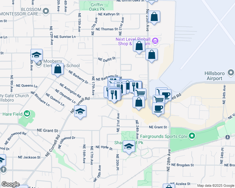 map of restaurants, bars, coffee shops, grocery stores, and more near 2011 Northeast Cornell Road in Hillsboro