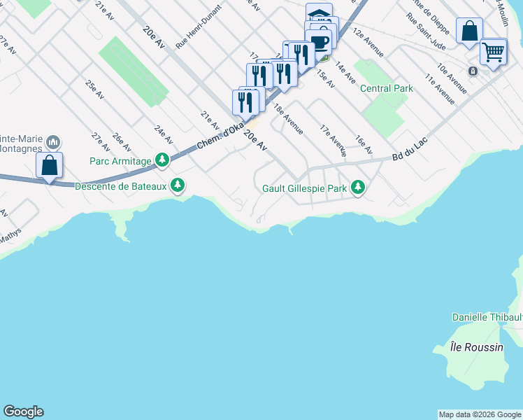 map of restaurants, bars, coffee shops, grocery stores, and more near 2303 Boulevard du Lac in Deux-Montagnes