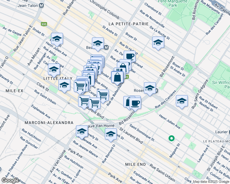map of restaurants, bars, coffee shops, grocery stores, and more near 6201 Rue Alma in Montreal