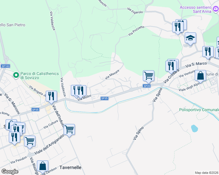 map of restaurants, bars, coffee shops, grocery stores, and more near 82 Via Molini in Creazzo