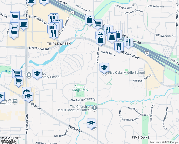 map of restaurants, bars, coffee shops, grocery stores, and more near 1570 Northwest 175th Place in Beaverton