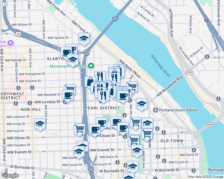 map of restaurants, bars, coffee shops, grocery stores, and more near 1133 Northwest 11th Avenue in Portland