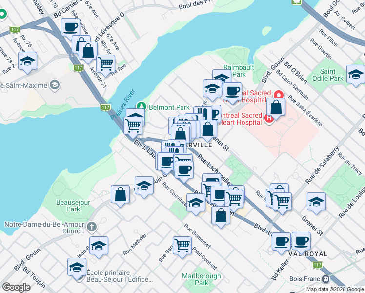 map of restaurants, bars, coffee shops, grocery stores, and more near 12320 Rue Lachapelle in Montréal