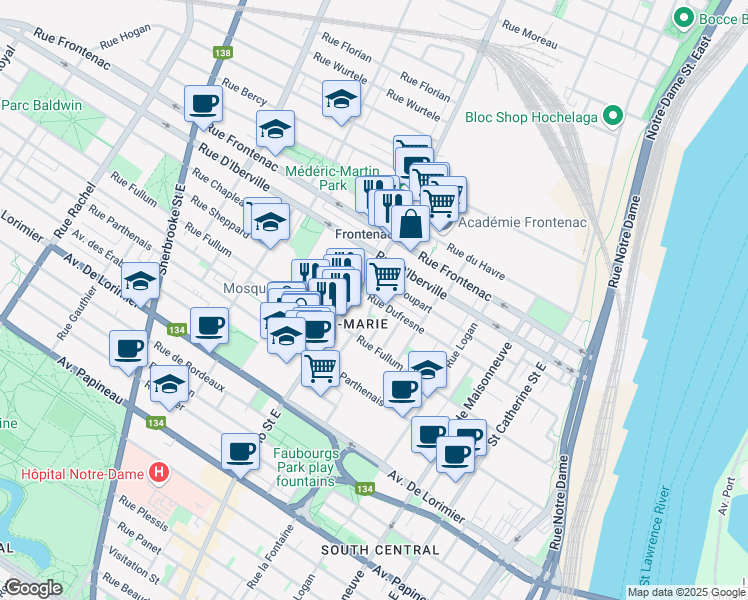 map of restaurants, bars, coffee shops, grocery stores, and more near 1952 Rue Dufresne in Montreal