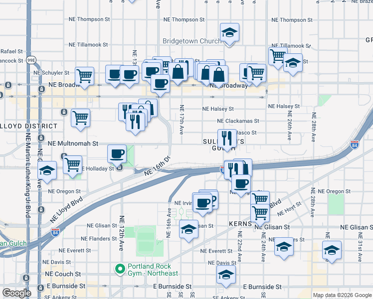 map of restaurants, bars, coffee shops, grocery stores, and more near 4 Northeast Multnomah Street in Portland