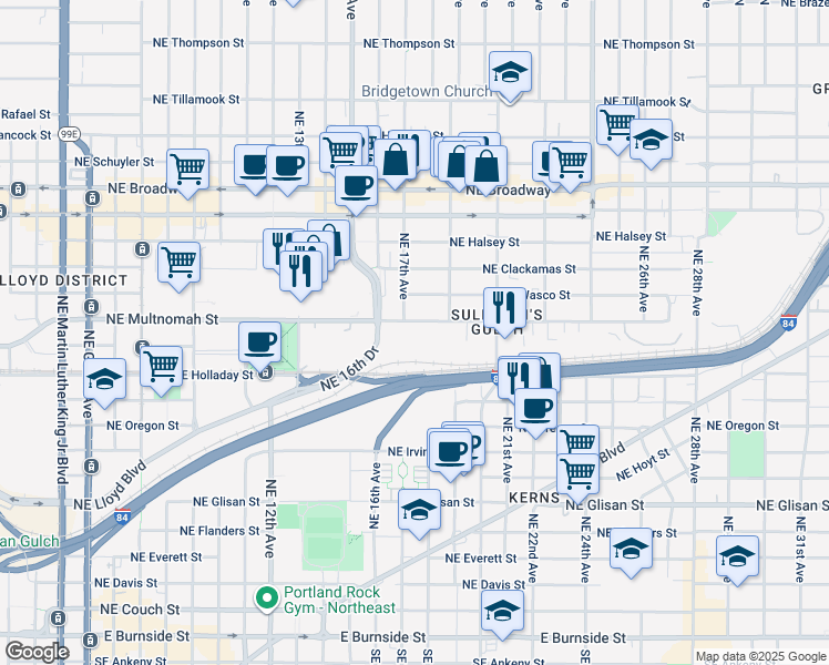 map of restaurants, bars, coffee shops, grocery stores, and more near 1710 Northeast Multnomah Street in Portland