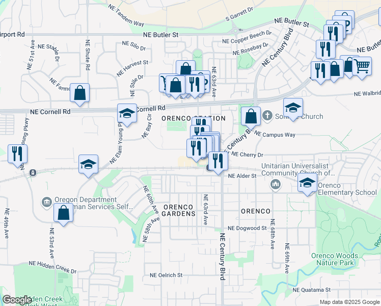 map of restaurants, bars, coffee shops, grocery stores, and more near 6480 Northeast Campus Court in Hillsboro