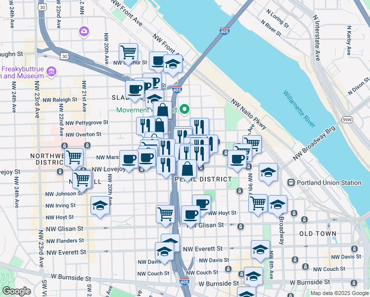 map of restaurants, bars, coffee shops, grocery stores, and more near 1104 Northwest 15th Avenue in Portland