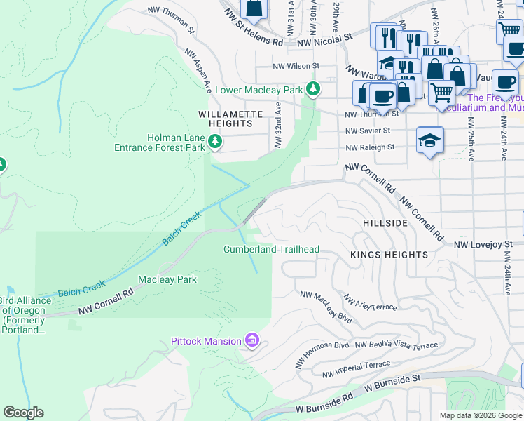 map of restaurants, bars, coffee shops, grocery stores, and more near 3227 Northwest Luray Terrace in Portland