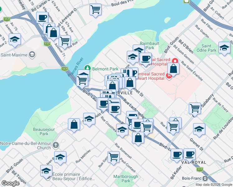 map of restaurants, bars, coffee shops, grocery stores, and more near 6005 Boulevard Gouin Ouest in Montréal