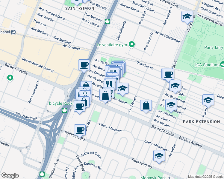 map of restaurants, bars, coffee shops, grocery stores, and more near 835 Rue de Liège Ouest in Montréal