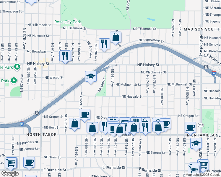 map of restaurants, bars, coffee shops, grocery stores, and more near 1155 Northeast 69th Avenue in Portland