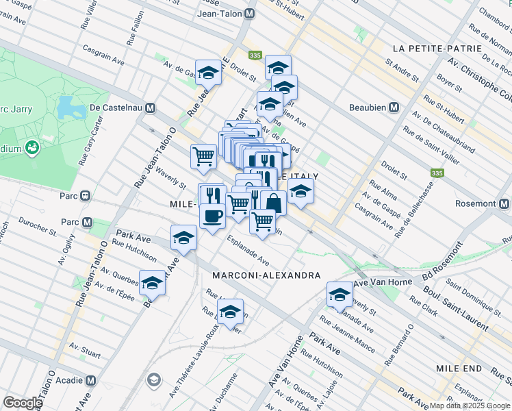 map of restaurants, bars, coffee shops, grocery stores, and more near in Montreal