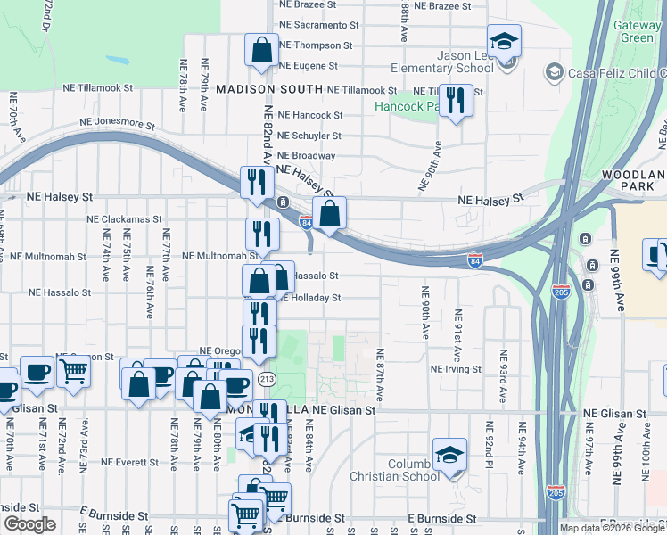 map of restaurants, bars, coffee shops, grocery stores, and more near 8506 Northeast Hassalo Street in Portland