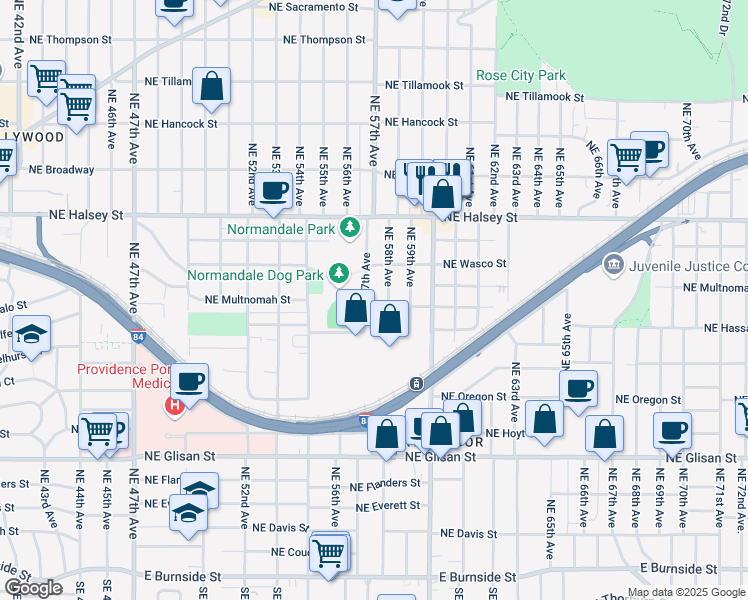 map of restaurants, bars, coffee shops, grocery stores, and more near 5808 Northeast Hassalo Street in Portland