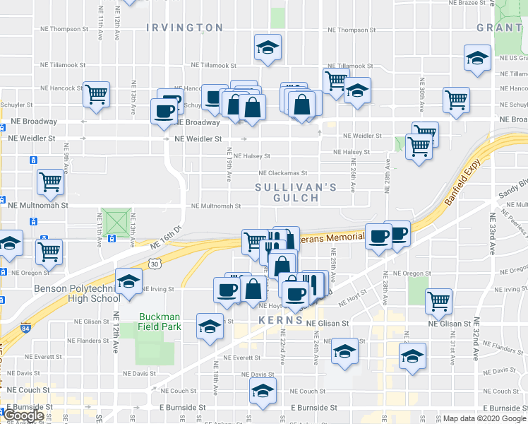map of restaurants, bars, coffee shops, grocery stores, and more near 1112 Northeast 21st Avenue in Portland