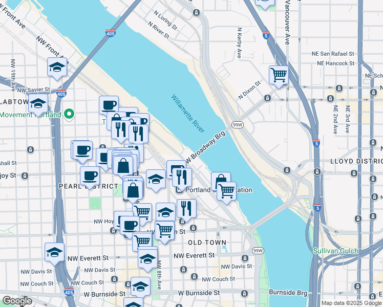 map of restaurants, bars, coffee shops, grocery stores, and more near 1200 Northwest Naito Parkway in Portland