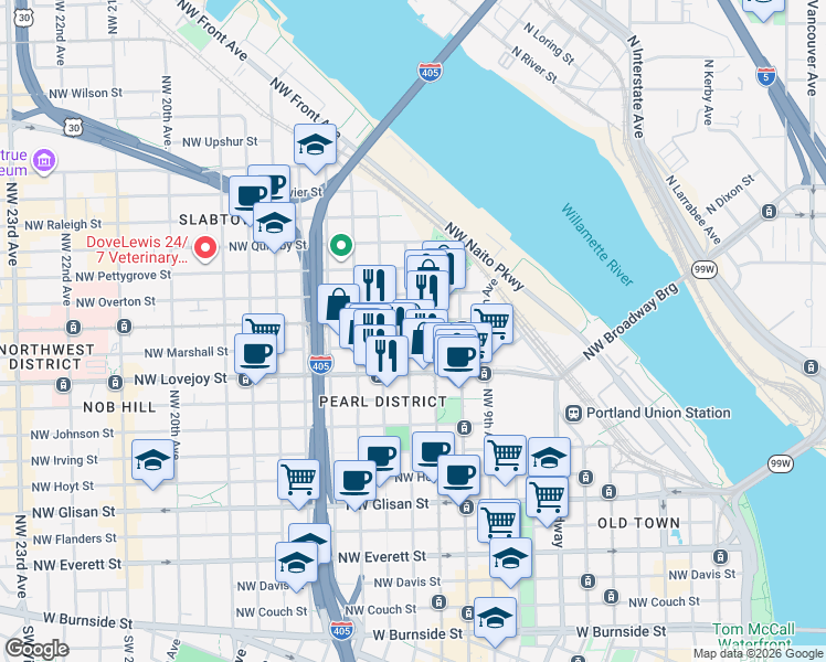 map of restaurants, bars, coffee shops, grocery stores, and more near in Portland