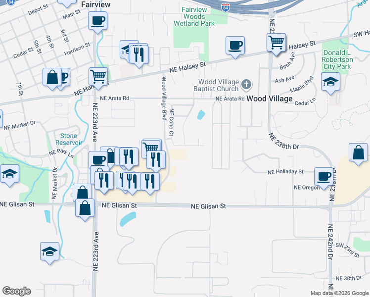 map of restaurants, bars, coffee shops, grocery stores, and more near 23053 Northeast Sockeye Street in Wood Village