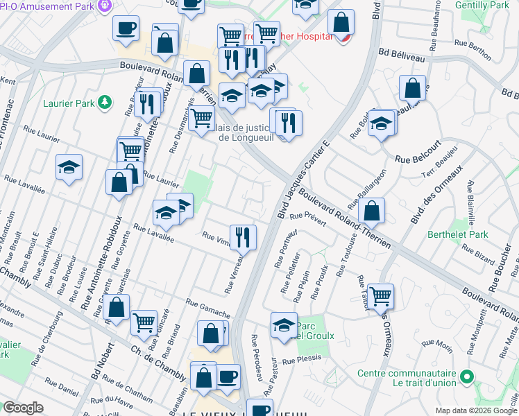 map of restaurants, bars, coffee shops, grocery stores, and more near 520 Rue Varennes in Longueuil