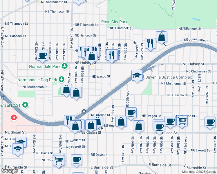 map of restaurants, bars, coffee shops, grocery stores, and more near 1163 Northeast 63rd Avenue in Portland