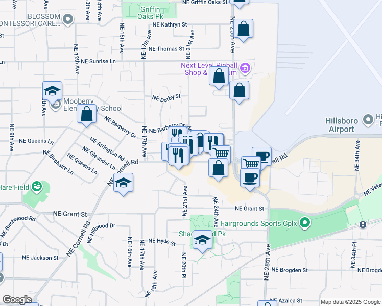 map of restaurants, bars, coffee shops, grocery stores, and more near 934 Northeast 21st Avenue in Hillsboro