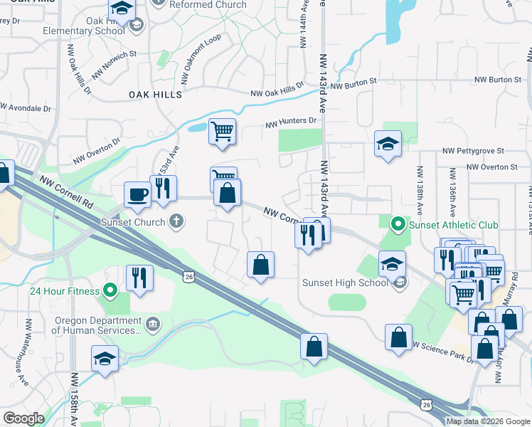 map of restaurants, bars, coffee shops, grocery stores, and more near 1801 Northwest 143rd Avenue in Portland