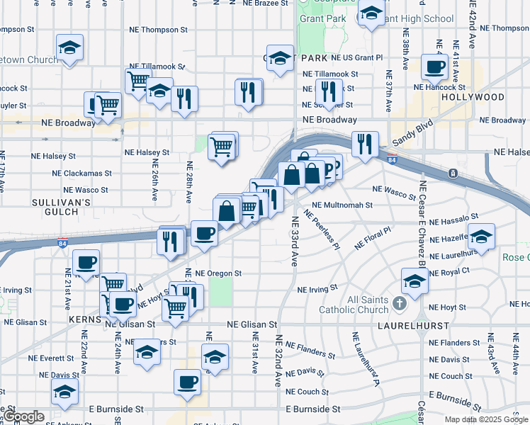 map of restaurants, bars, coffee shops, grocery stores, and more near 3101 Northeast Sandy Boulevard in Portland
